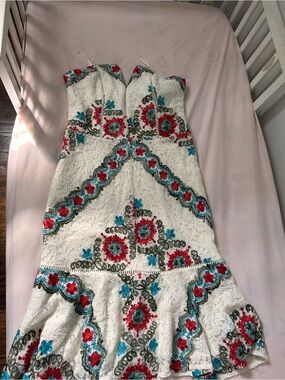 Adelyn Rae White Strapless Lace Dress with Red & Teal Floral Embroidery